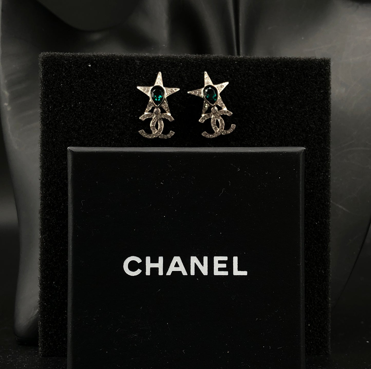 Chanel Crystal CC Logo Star Drop Earrings Silver Color
