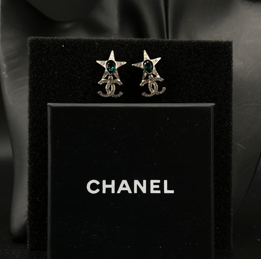 Chanel Crystal CC Logo Star Drop Earrings Silver Color