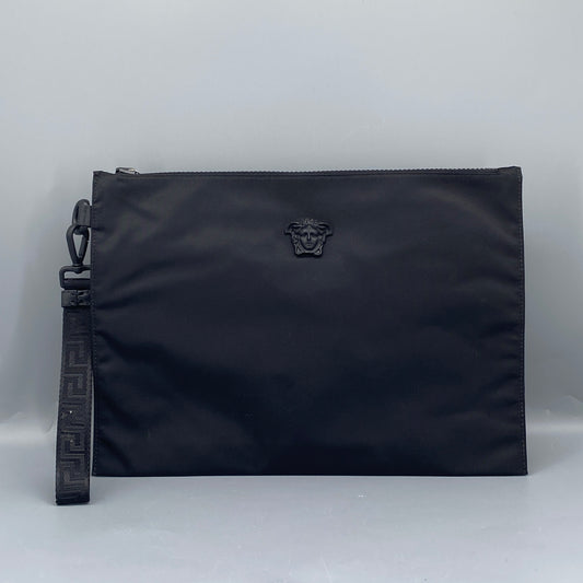 Versace Black Nylon Medusa Logo Wrist  Clutch Bag