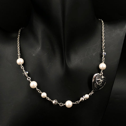 Chanel Heart CC Logo Pearl Choker Necklace Silver Color