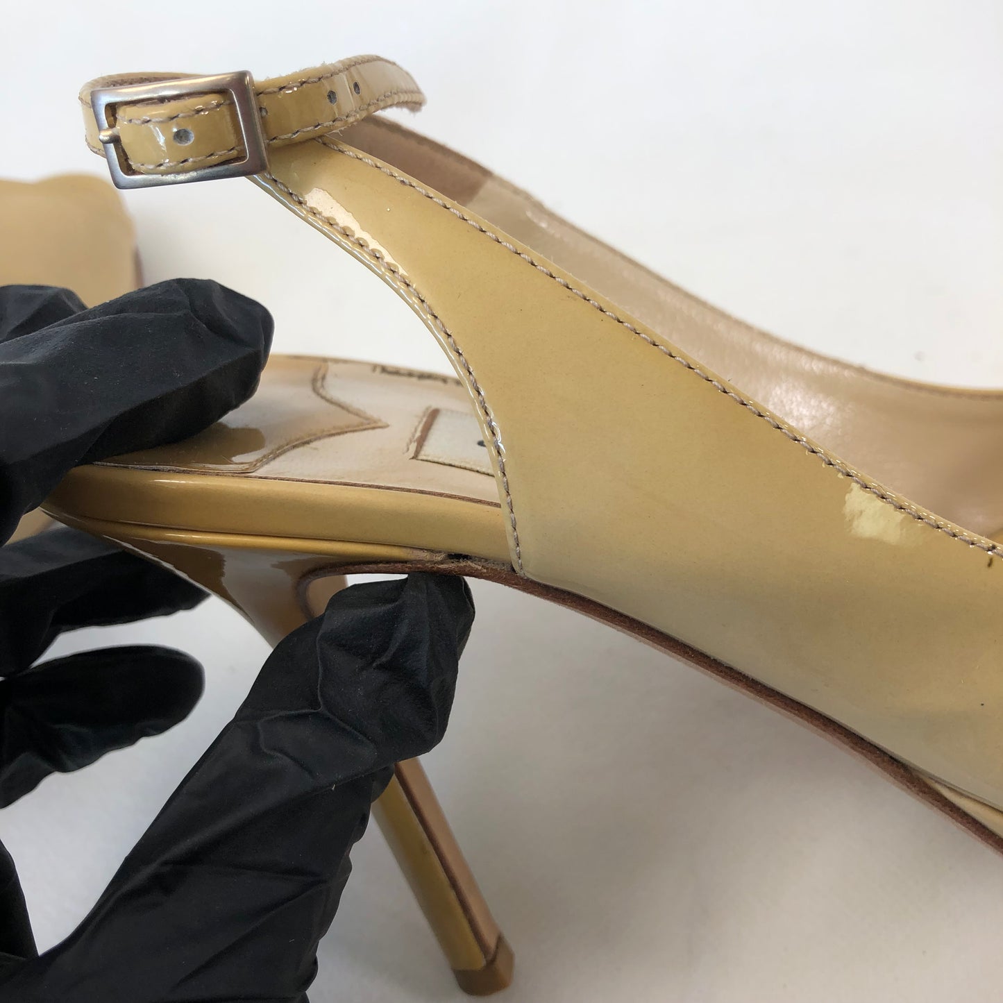Jimmy Choo Patent Leather Peep Toe Slingback Shoes 36.5 Nude Women