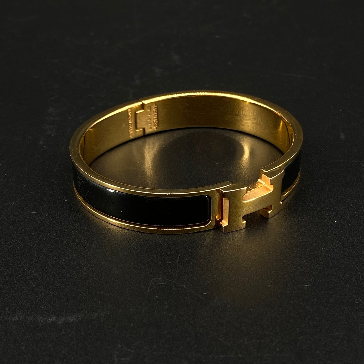 Hermes Black Enamel Gold H Buckle Bangle Bracelet