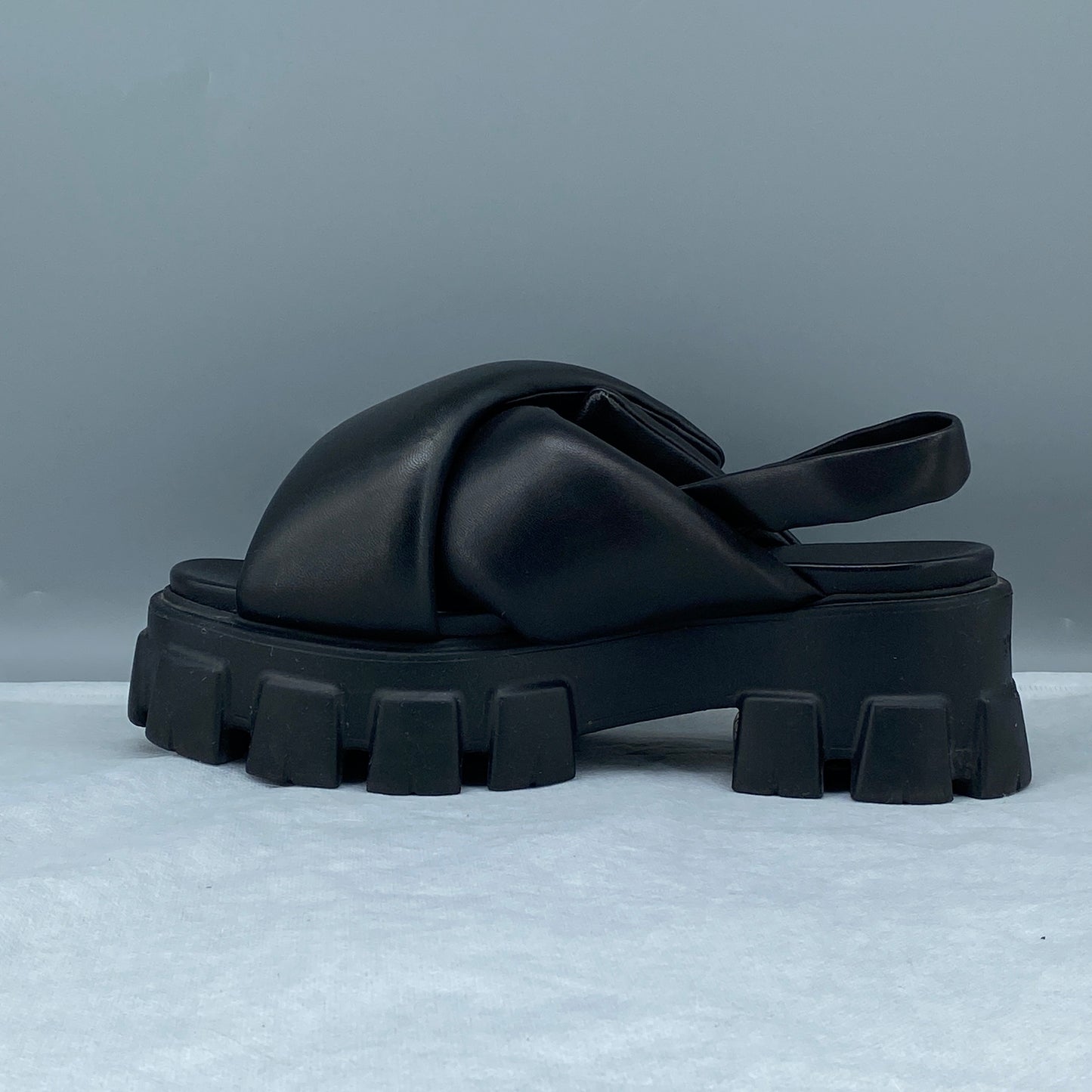 Prada Women's Black Leather Cross Strap Lug Sole Back Strap Platform Sandals Size 38