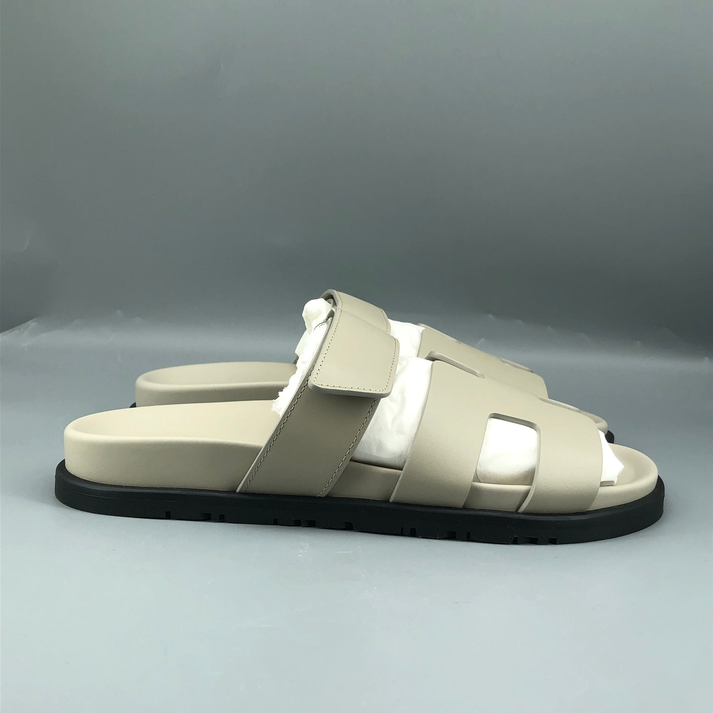Hermes Chypre Leather Slide Sandals Grey Size 38