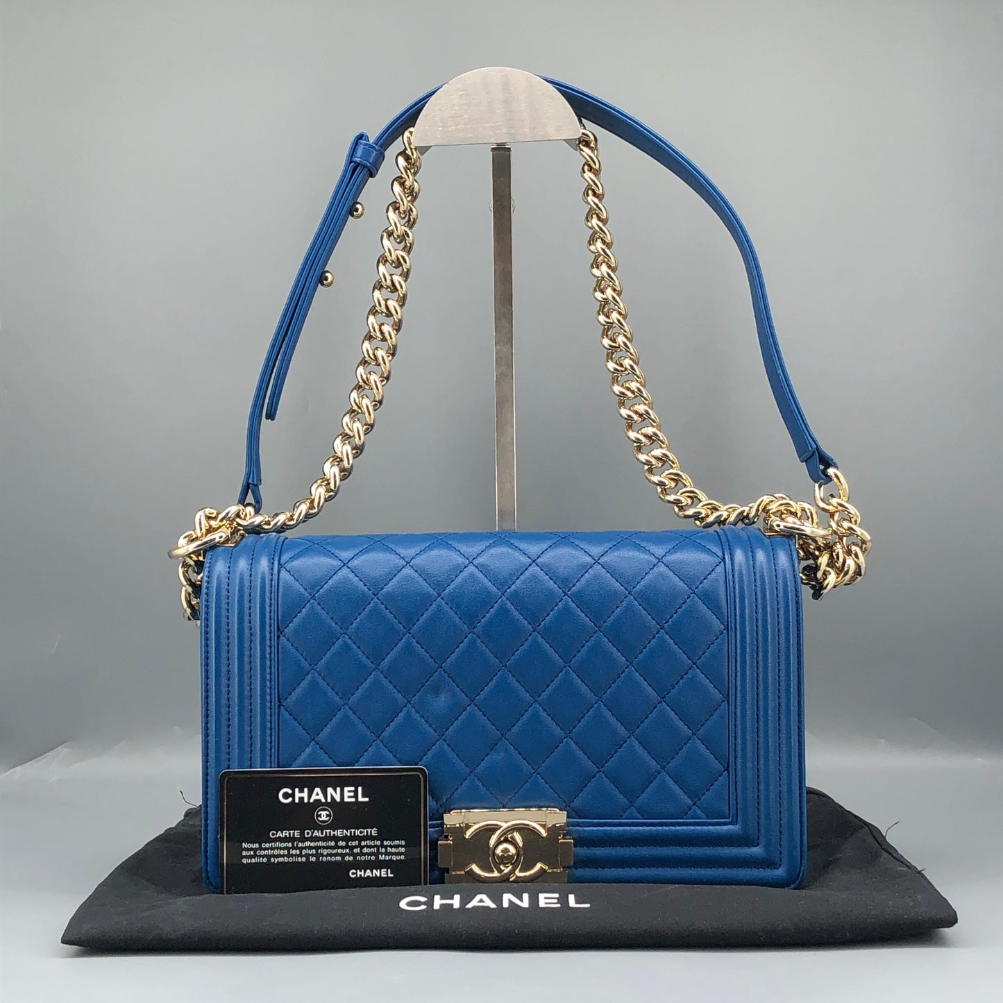 Chanel Boy Lambskin Leather Quilted Leather Chain Flap Bag Bright Blue