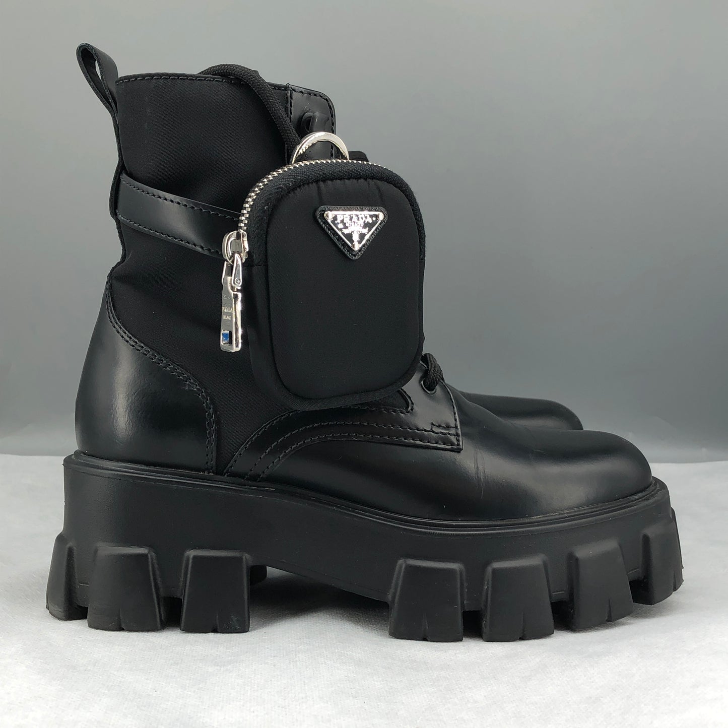 Prada Women's Re-Nylon Leather Combat Ankle Boots Size 36.5 Black