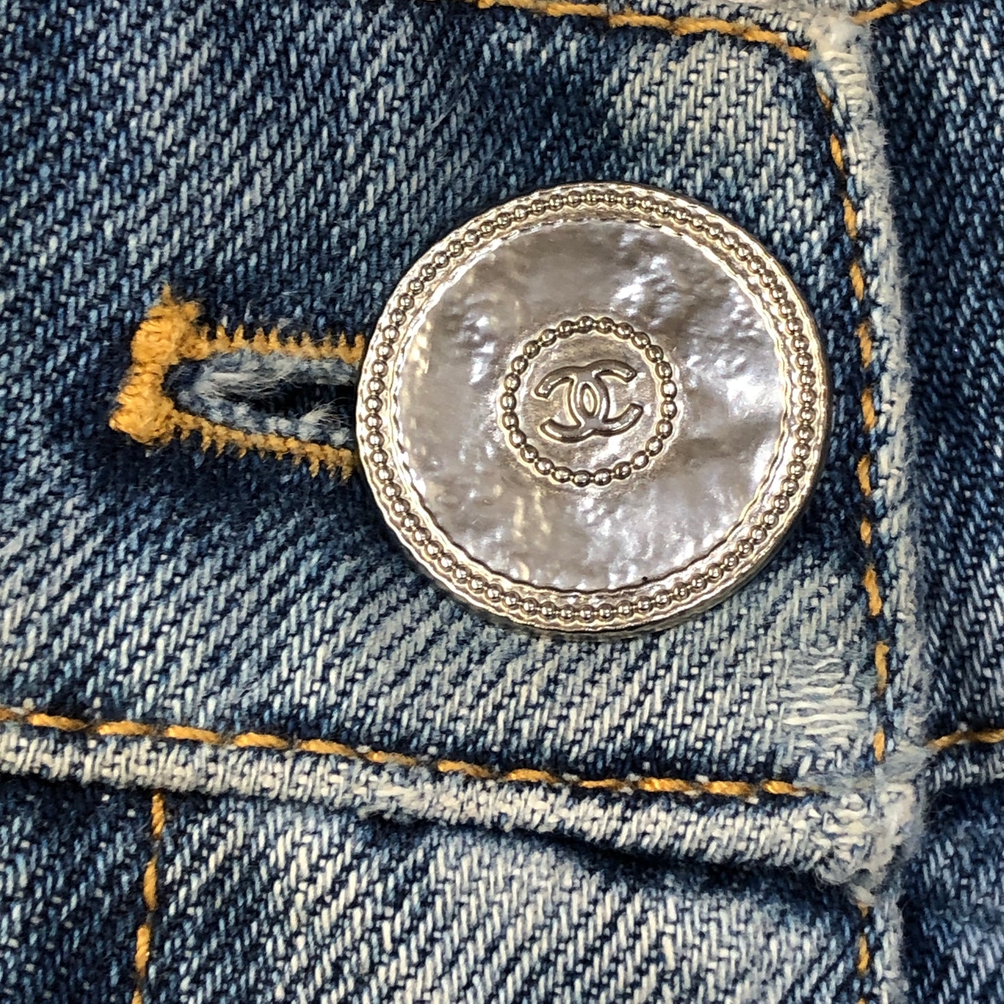Chanel Denim Blue Straight Leg Denim Pants Stitched CC Pattern Size 36