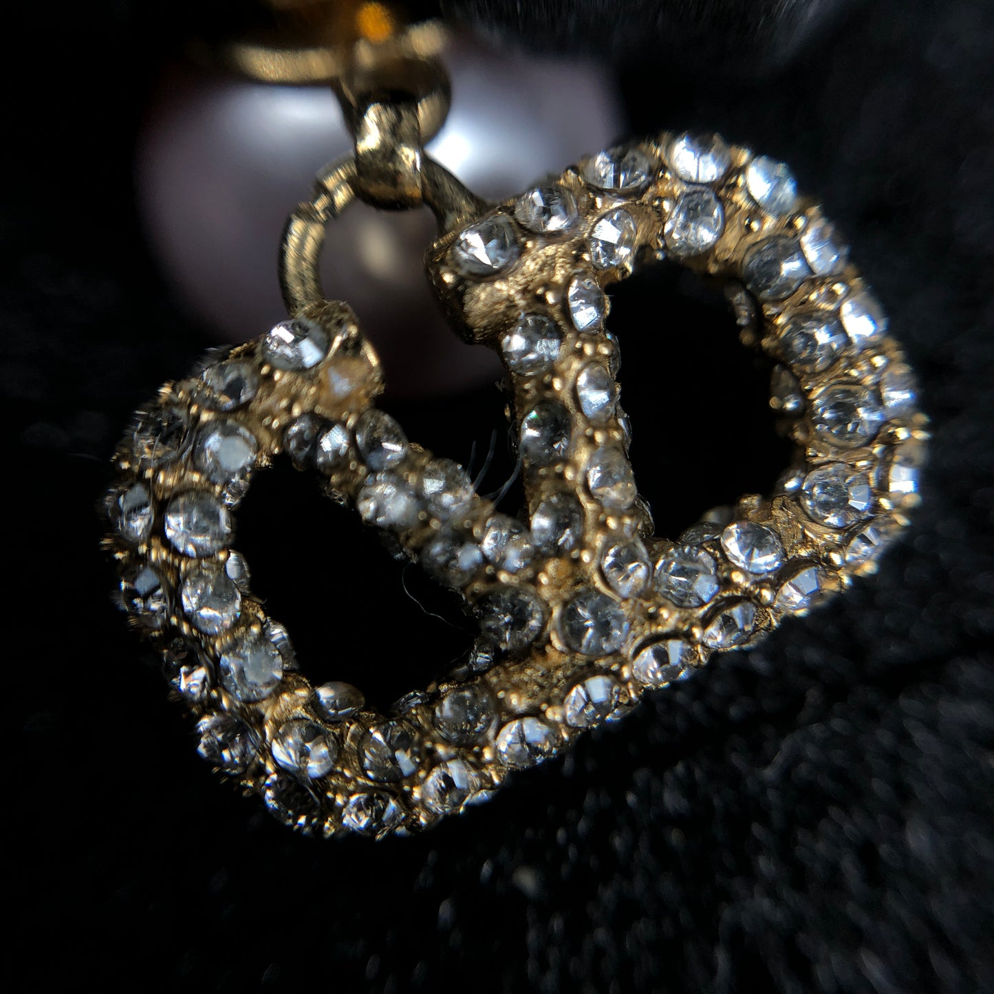 Valentino V Logo Crystal Pink Pearl Drop Stud Earrings Gold Tone