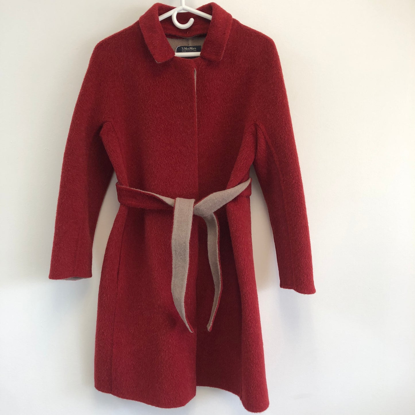 MaxMara Red Wool Belted Mid-Length Coat Size US 8