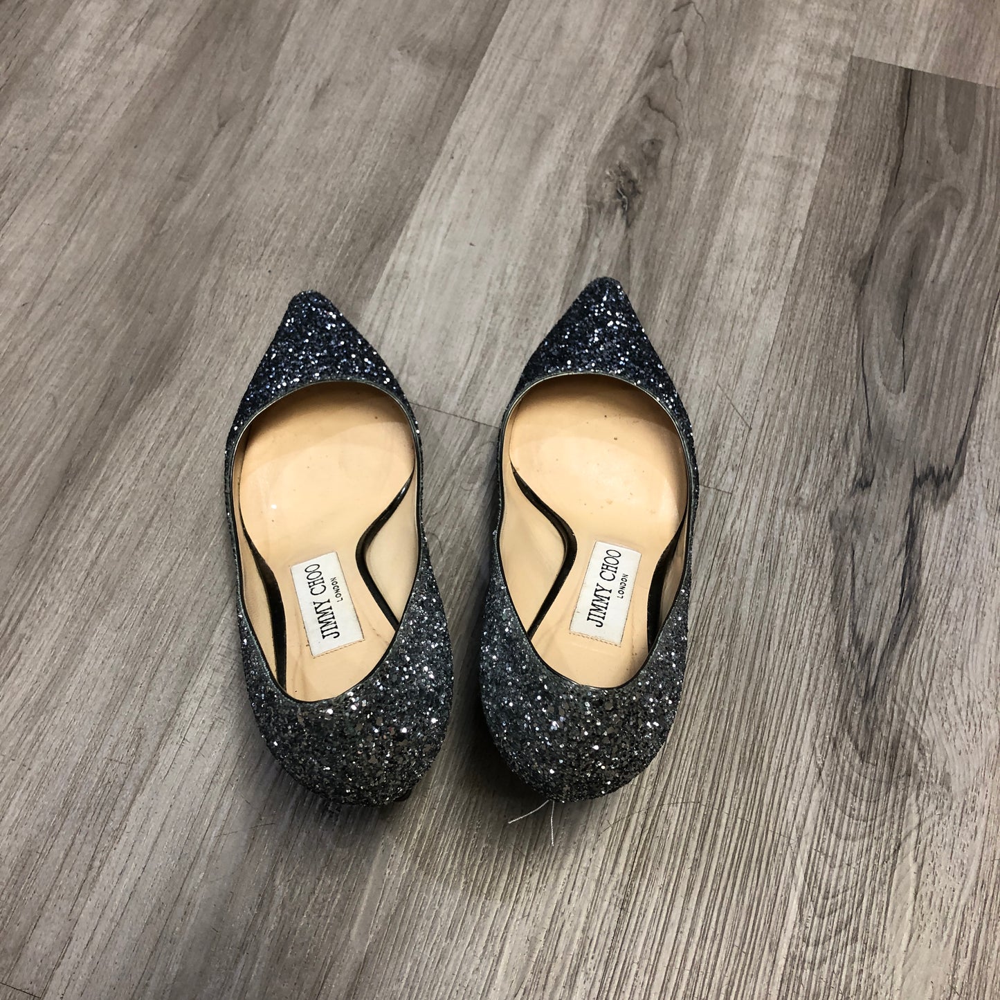 Jimmy Choo Women's Metallic Silver Glitter Pointed Toe Stiletto Pumps Shoes 35.5