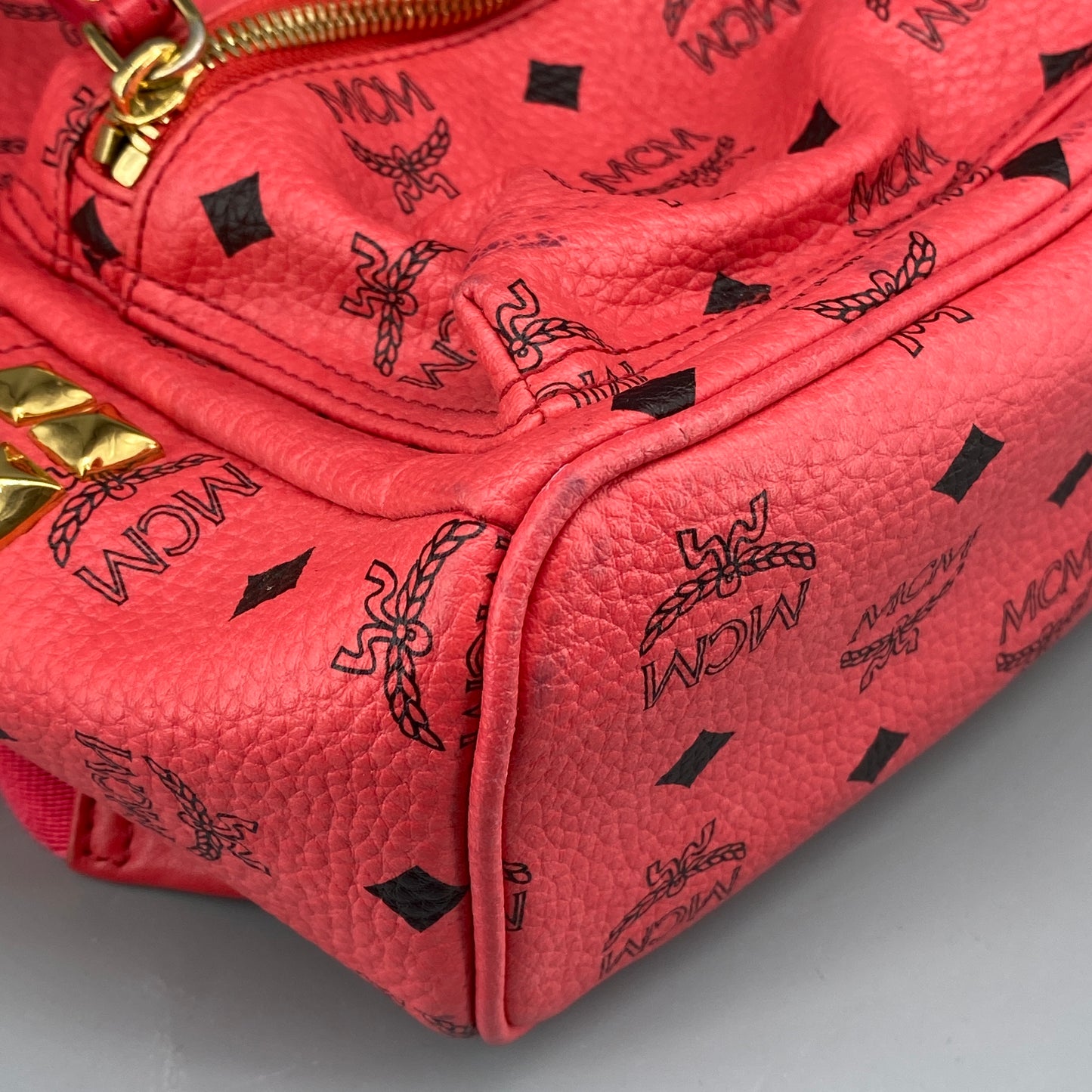 MCM Coral Red Visetos Mini Backpack
