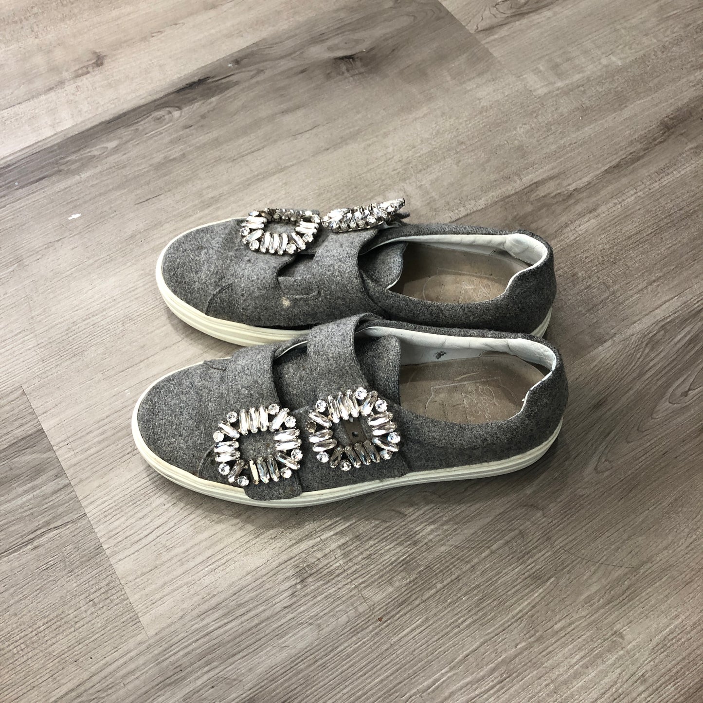 Roger Vivier Women's Grey Fabric Crystal Buckle Slip-On Sneakers shoes 36