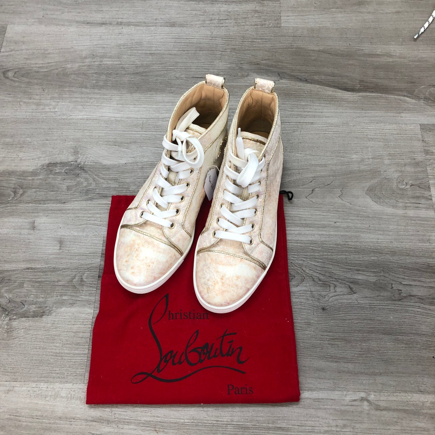 Christian Louboutin Women's Iridescent Champagne Pink High Top Lace-Up Sneakers 36