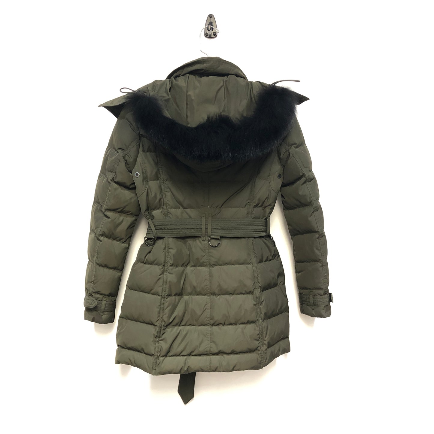 Burberry Olive Green Fur Trim Hooded Puffer Coat Size XS