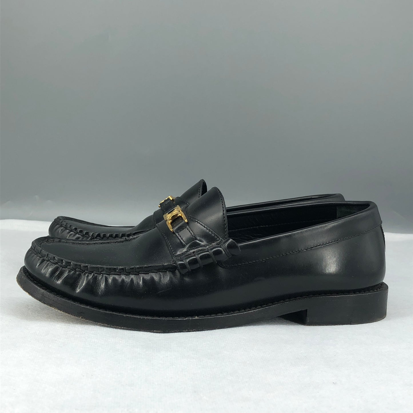 Celine Women’s Black Leather Triomphe Metal Loafer Shoes