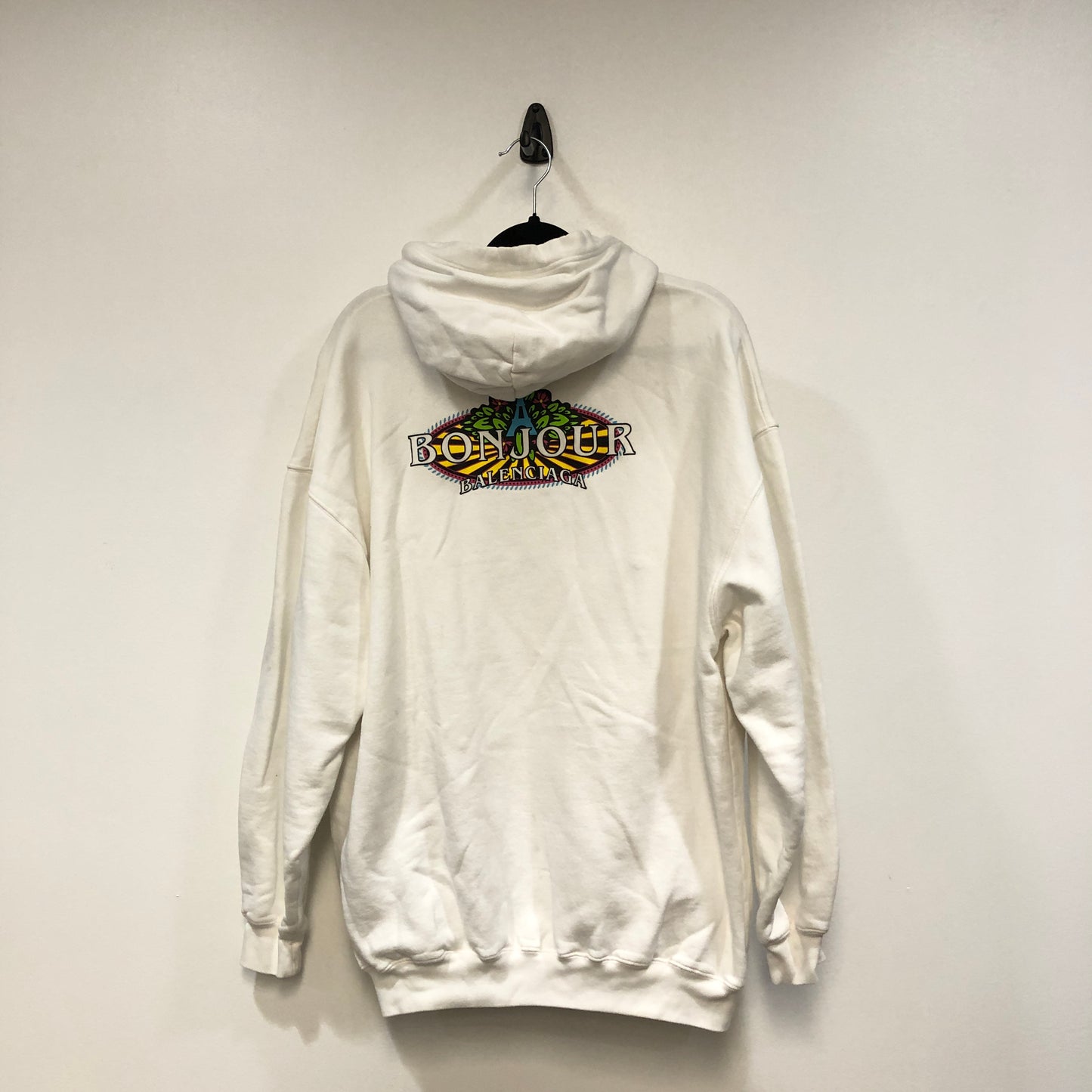 Balenciaga Eiffel Tower Bonjour Logo White Cotton Oversized Hoodie Size S