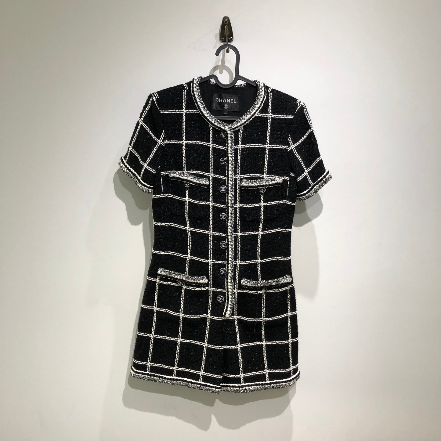 Chanel Short Sleeve Grid Tweed Dress in Black & White (Size 34)