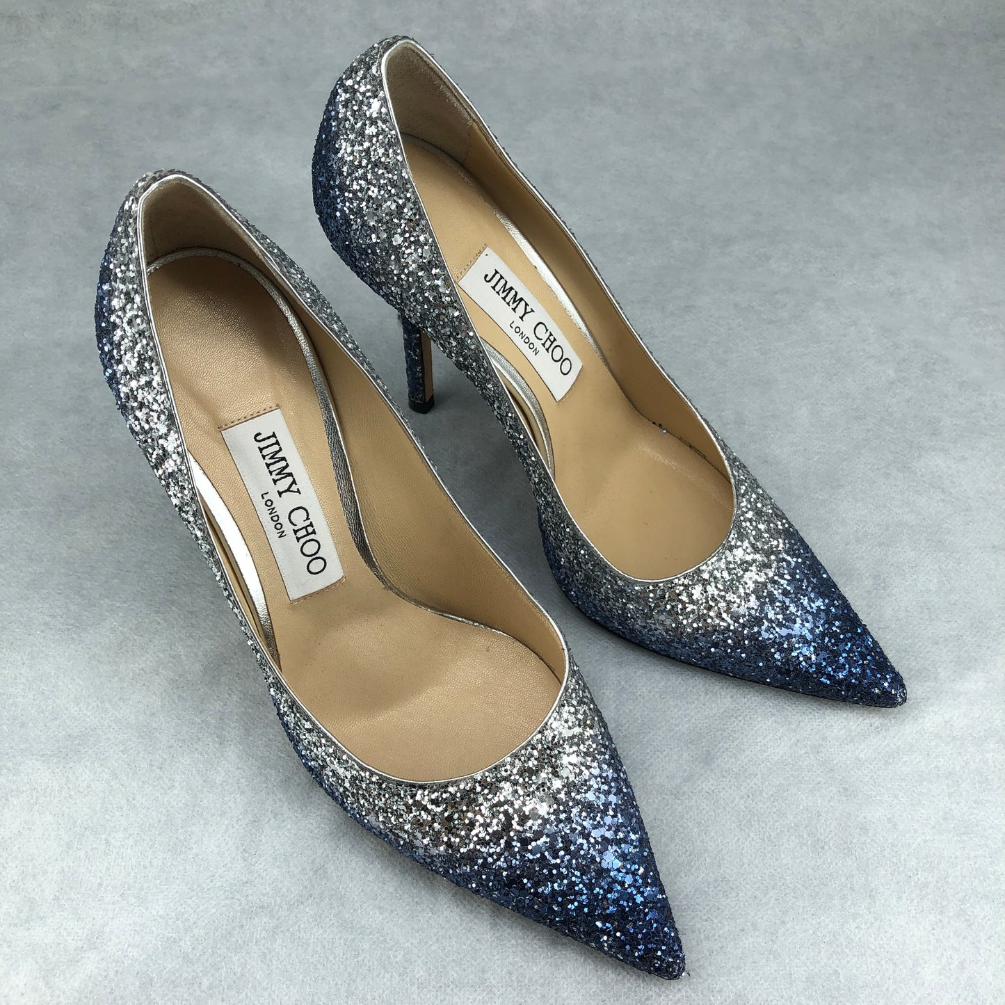 Jimmy Choo Women's Blue Silver Gradient Glitter Pointed Stiletto Heels Size 37