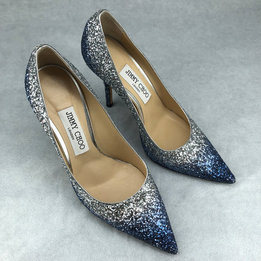 Jimmy Choo Women's Blue Silver Gradient Glitter Pointed Stiletto Heels Size 37