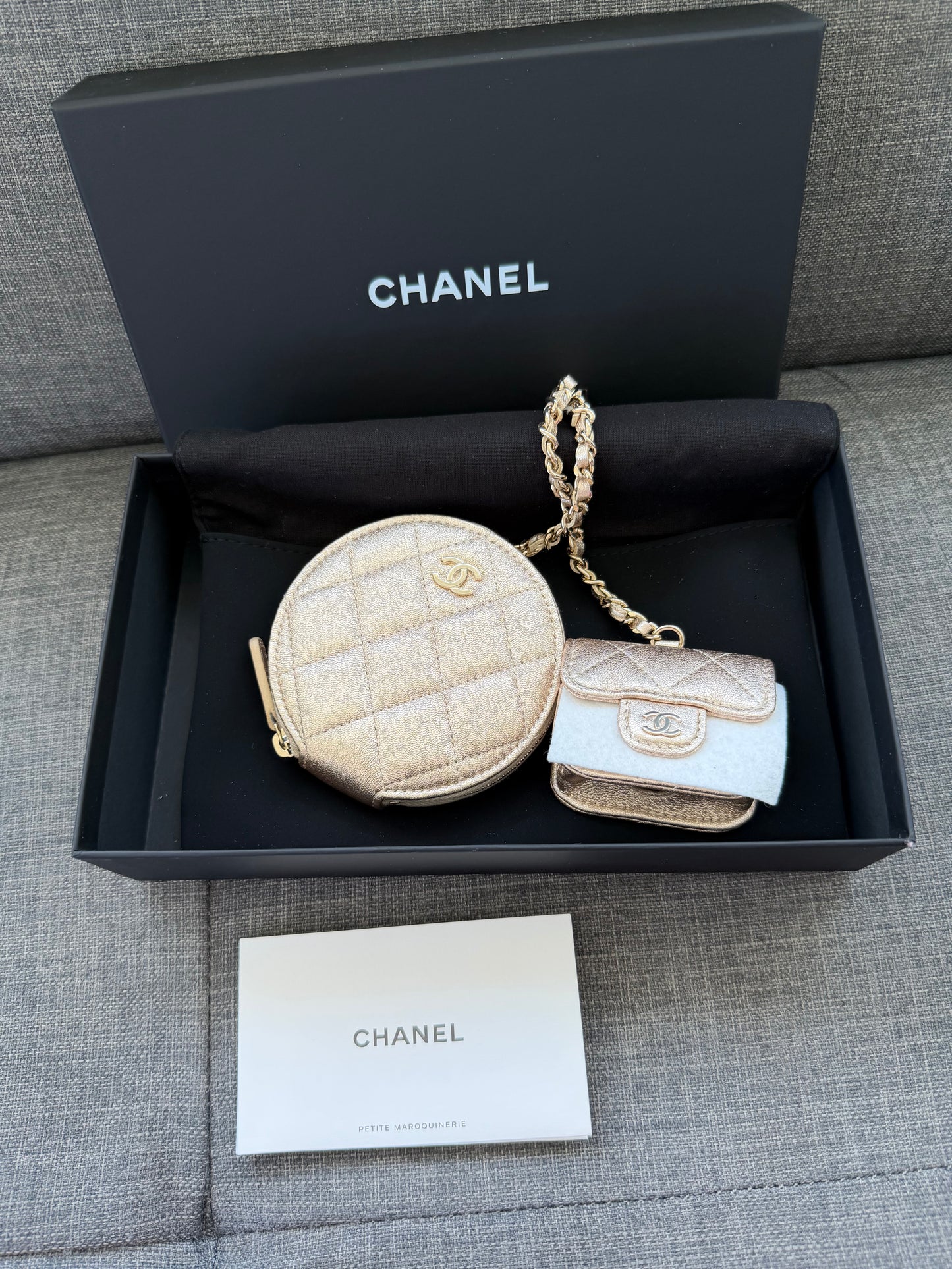 Chanel Metallic Gold Quilted Lambskin Leather Airpods Case With Coin Purse New