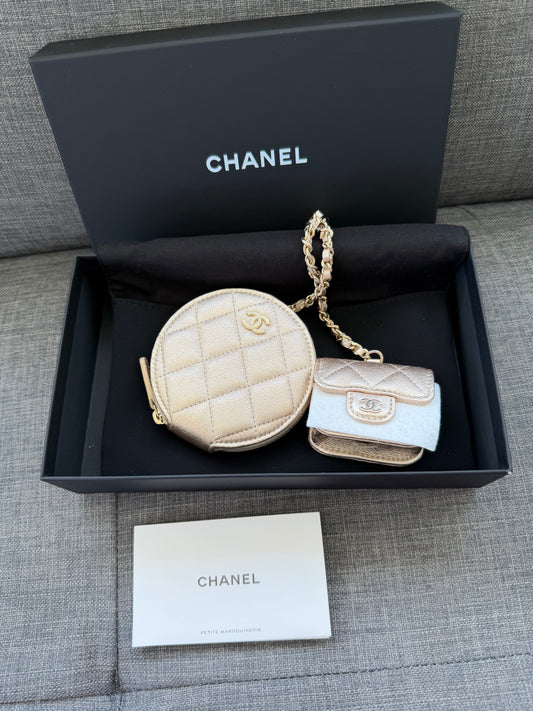Chanel Metallic Gold Quilted Lambskin Leather Airpods Case With Coin Purse New