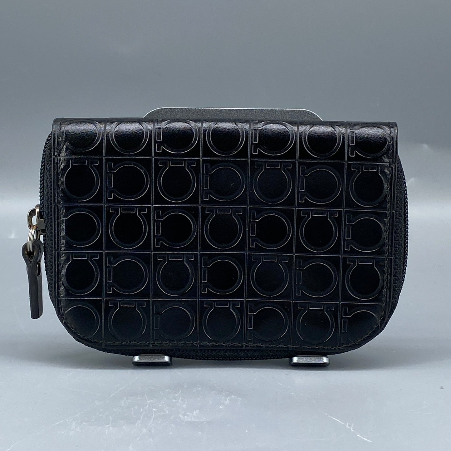 Ferragamo Black Embossed Gancini Full-Zip Mini Coin Purse