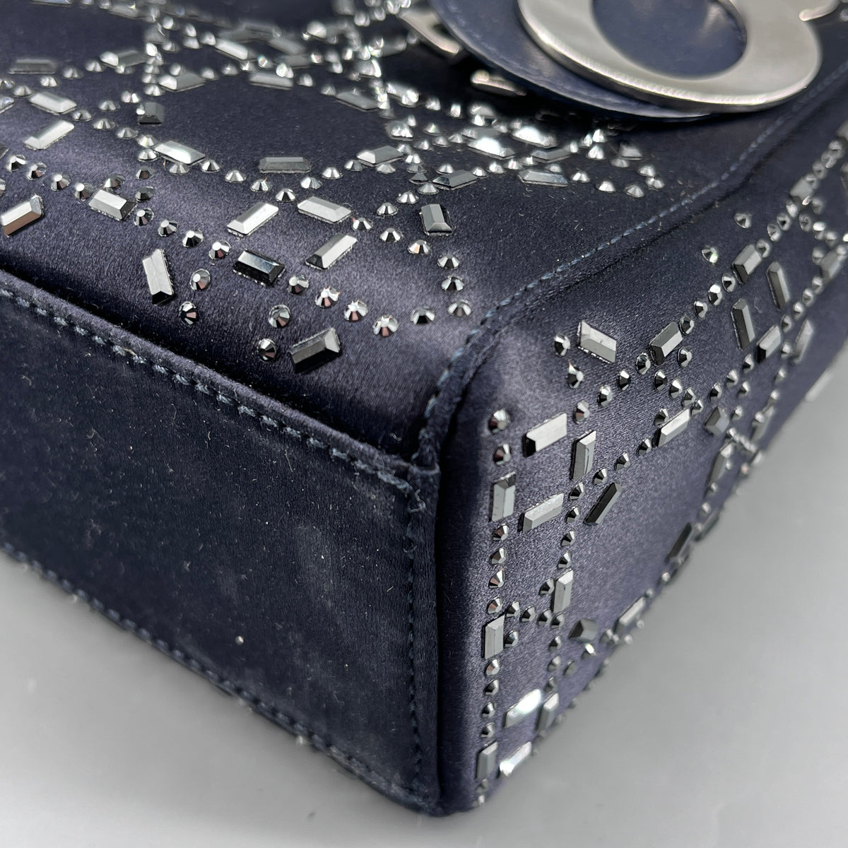 Christian Dior Navy Blue Satin Beaded Lady Dior Handbag