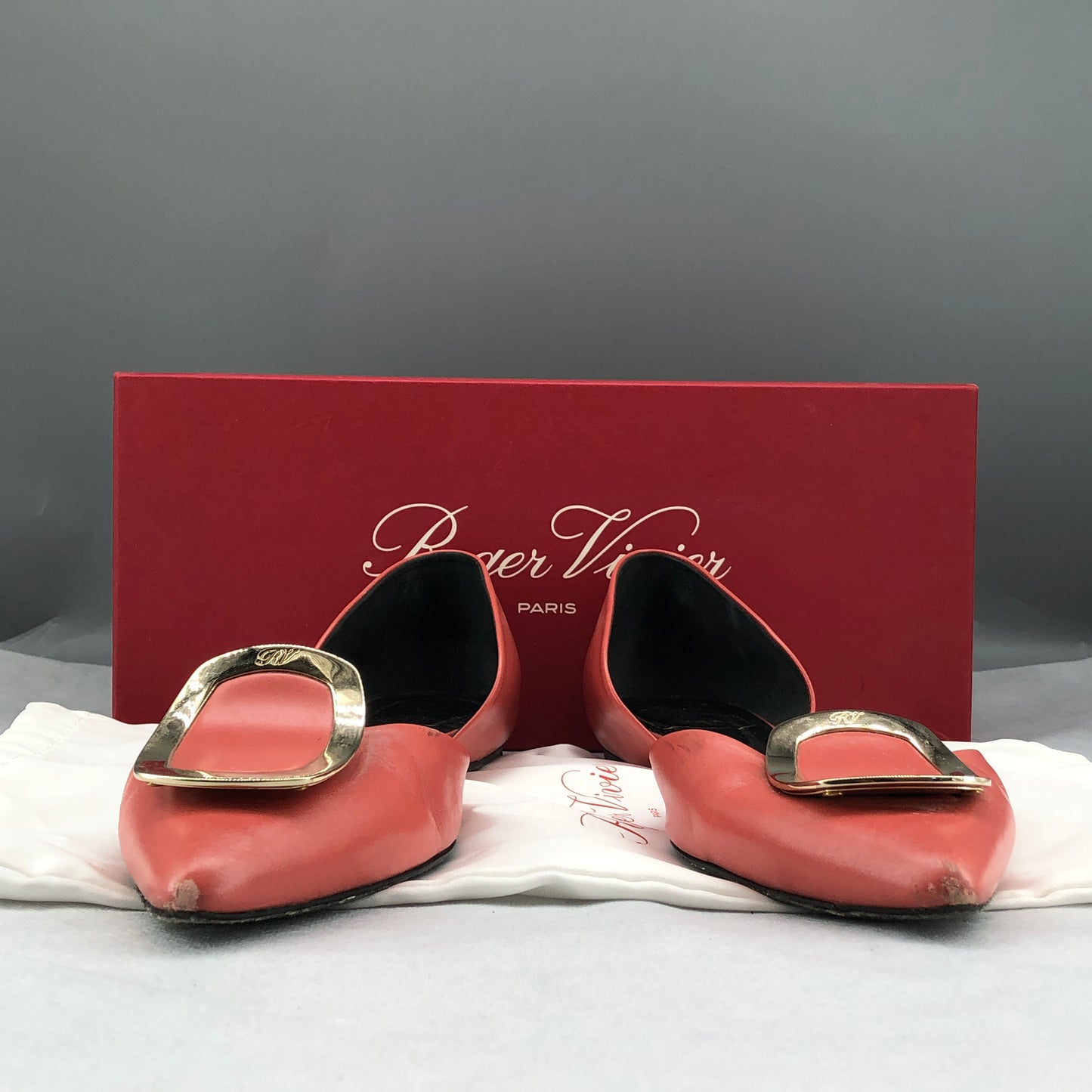 Roger Vivier Women's Strass Buckle D'Orsay Flats Size 39.5 Salmon Pink