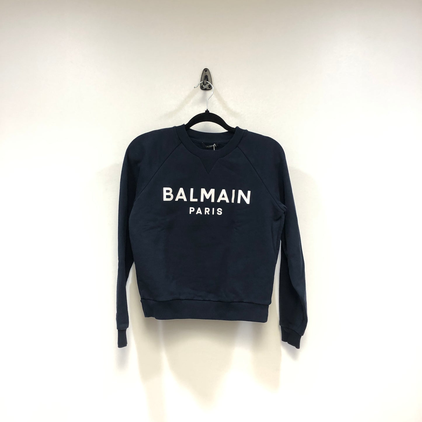 Balmain Navy Blue Logo Print Crew Neck Sweatshirt Size XXS
