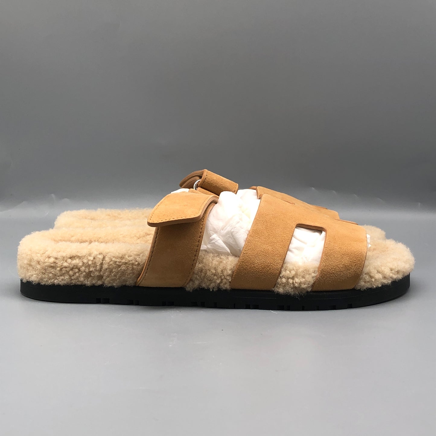 Hermes Tan Shearling H Slide Sandals Size 40 shoes