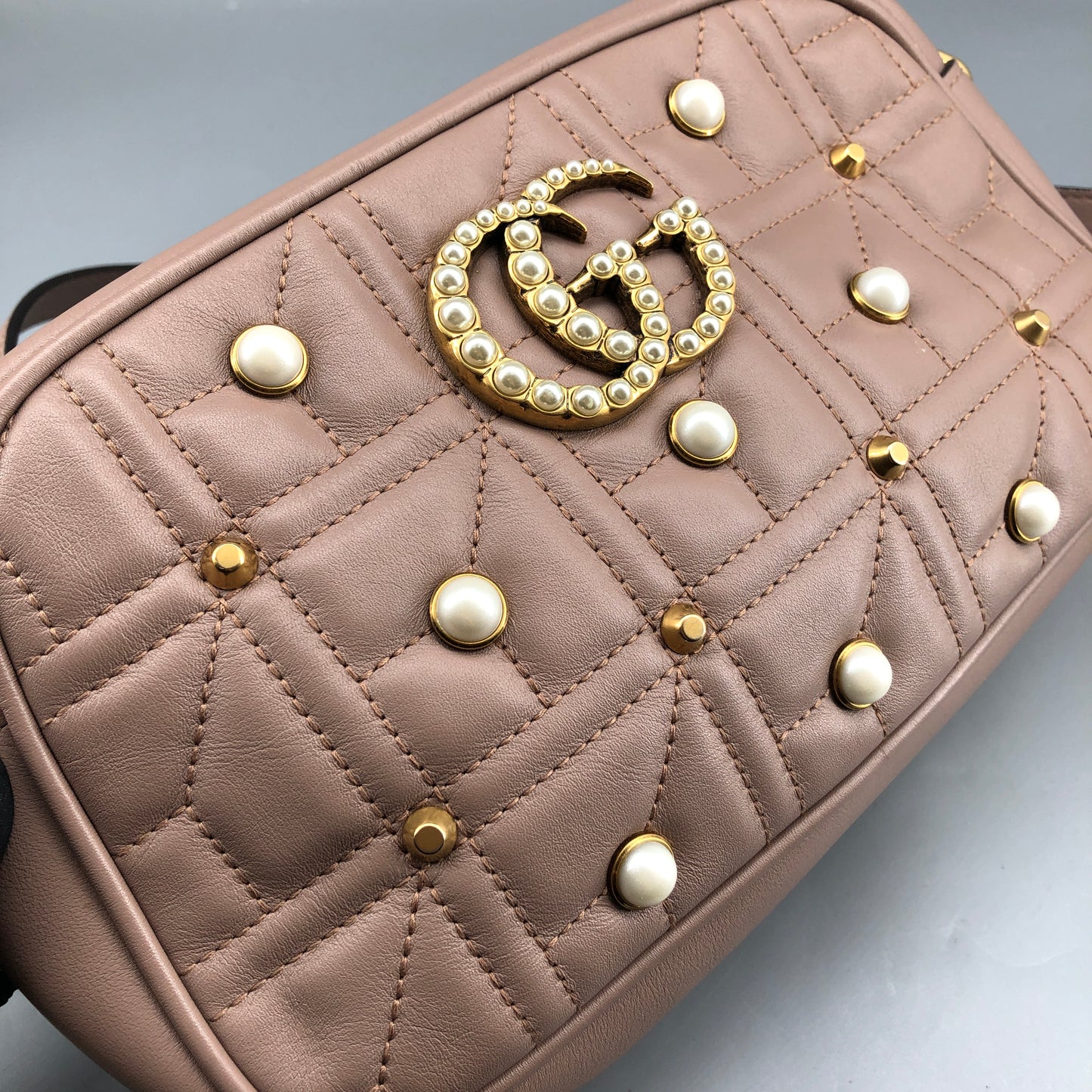 Gucci Dirty Pink Quilted Pearl GG Camera Crossbody Bag