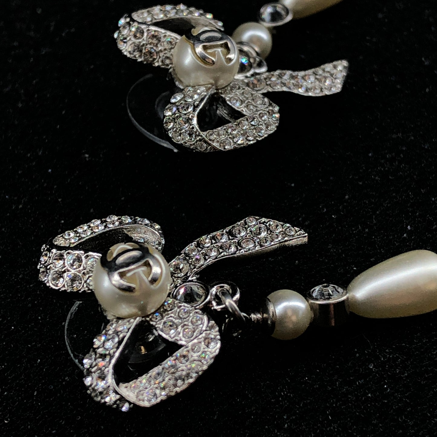 Chanel 2021 Silver-Tone Crystal & Pearl Bow Drop Earrings