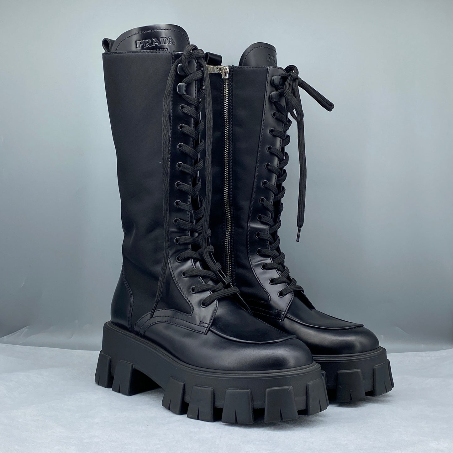Prada Black Lace‑Up Combat Tall Boots Women Shoes Size 37