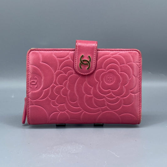 Chanel Pink Camellia Embossed Leather Flap Wallet