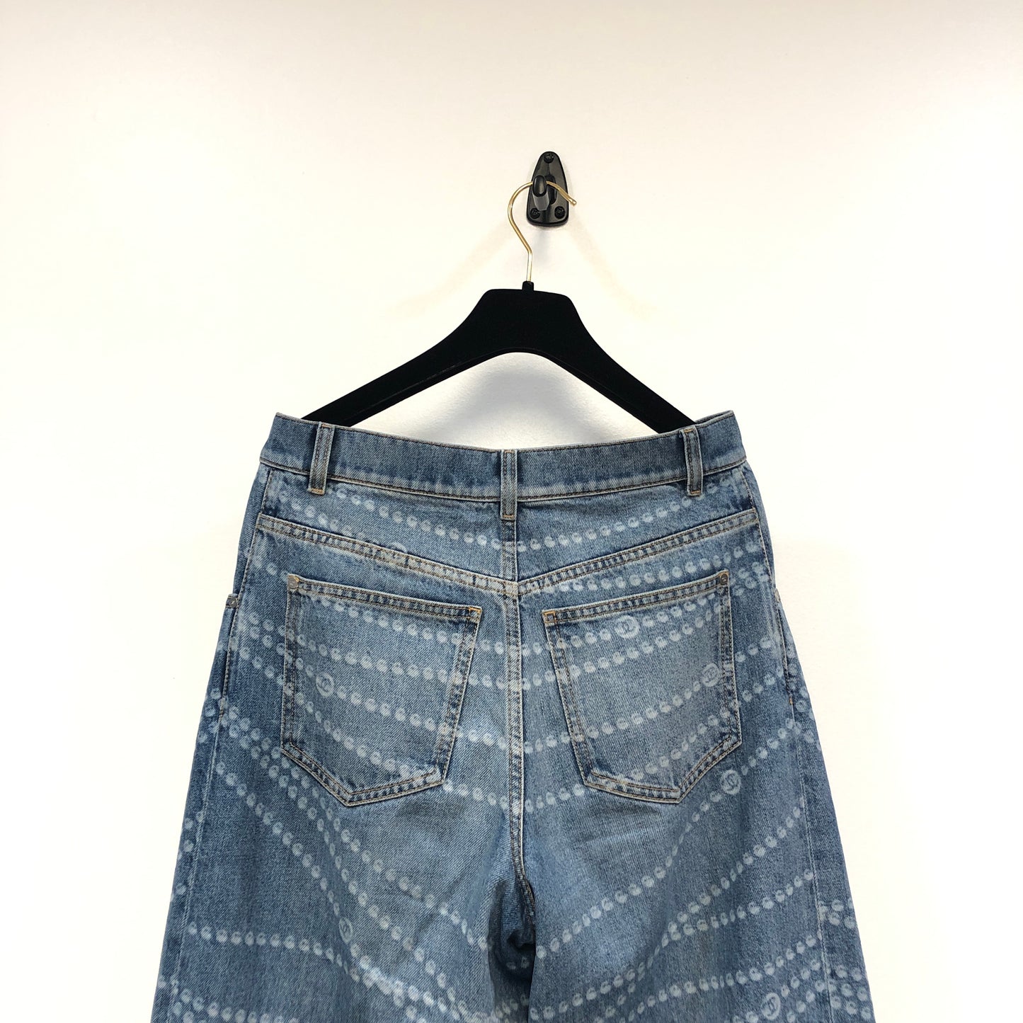 Chanel Denim Blue Straight Leg Denim Pants Stitched CC Pattern Size 36