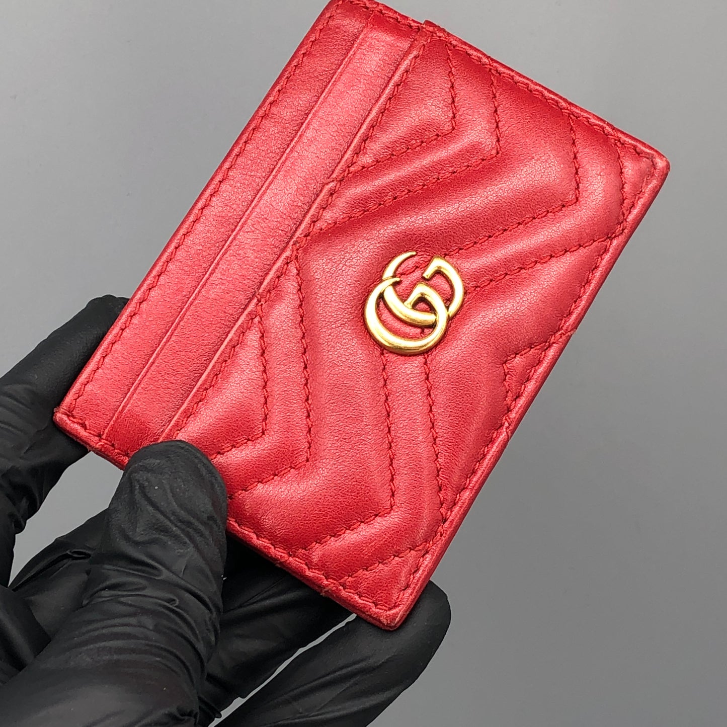 Gucci Chevron Quilted GG Leather Card Holder Red