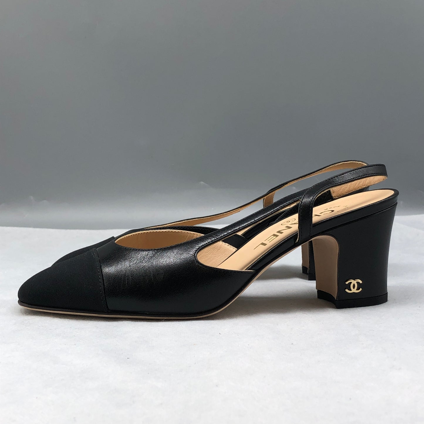 Chanel Black Satin & Leather Cap-Toe Slingback Block Heel Pumps Size 36