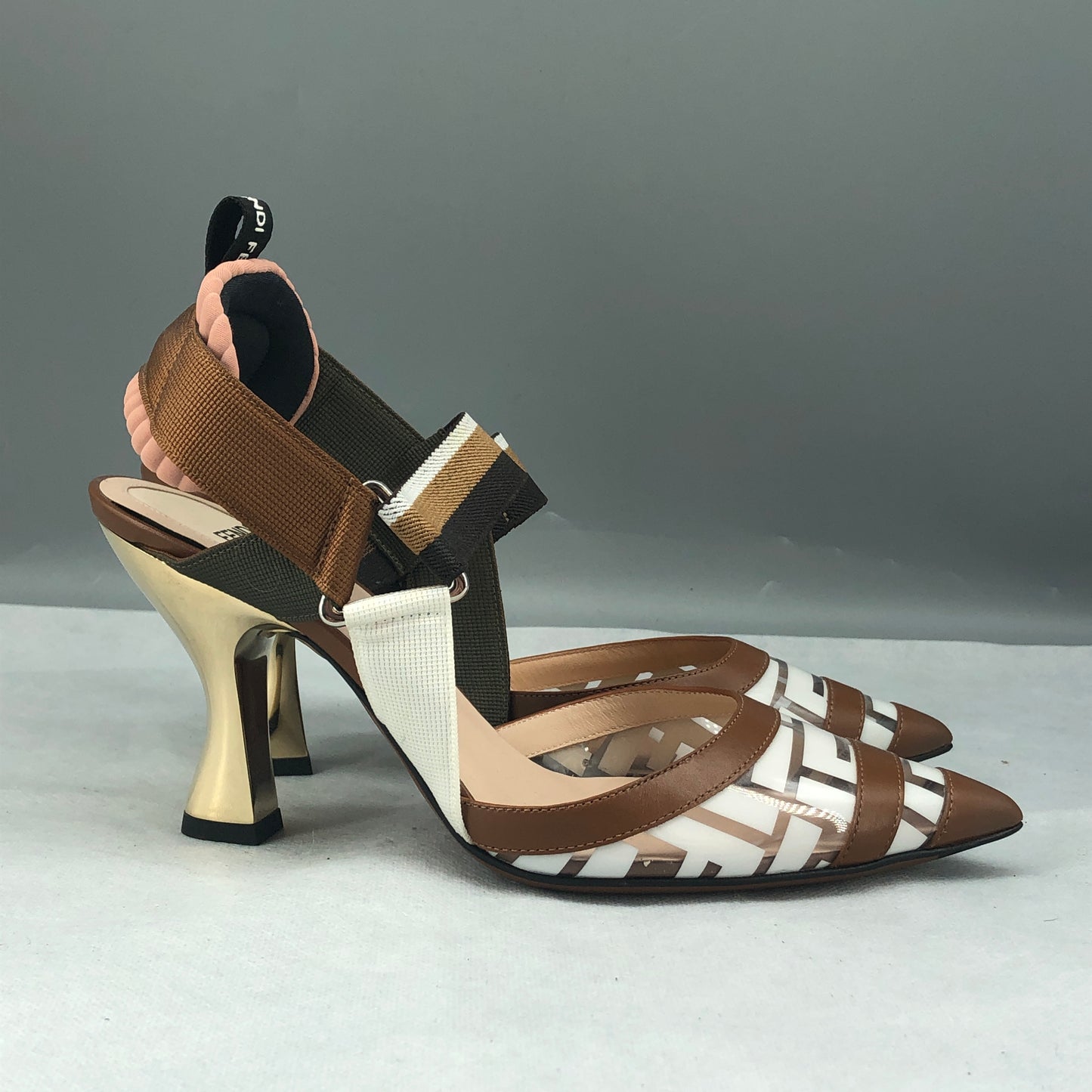 Fendi Logo Strap Pointed Toe Heels Size 36.5 Women Brown