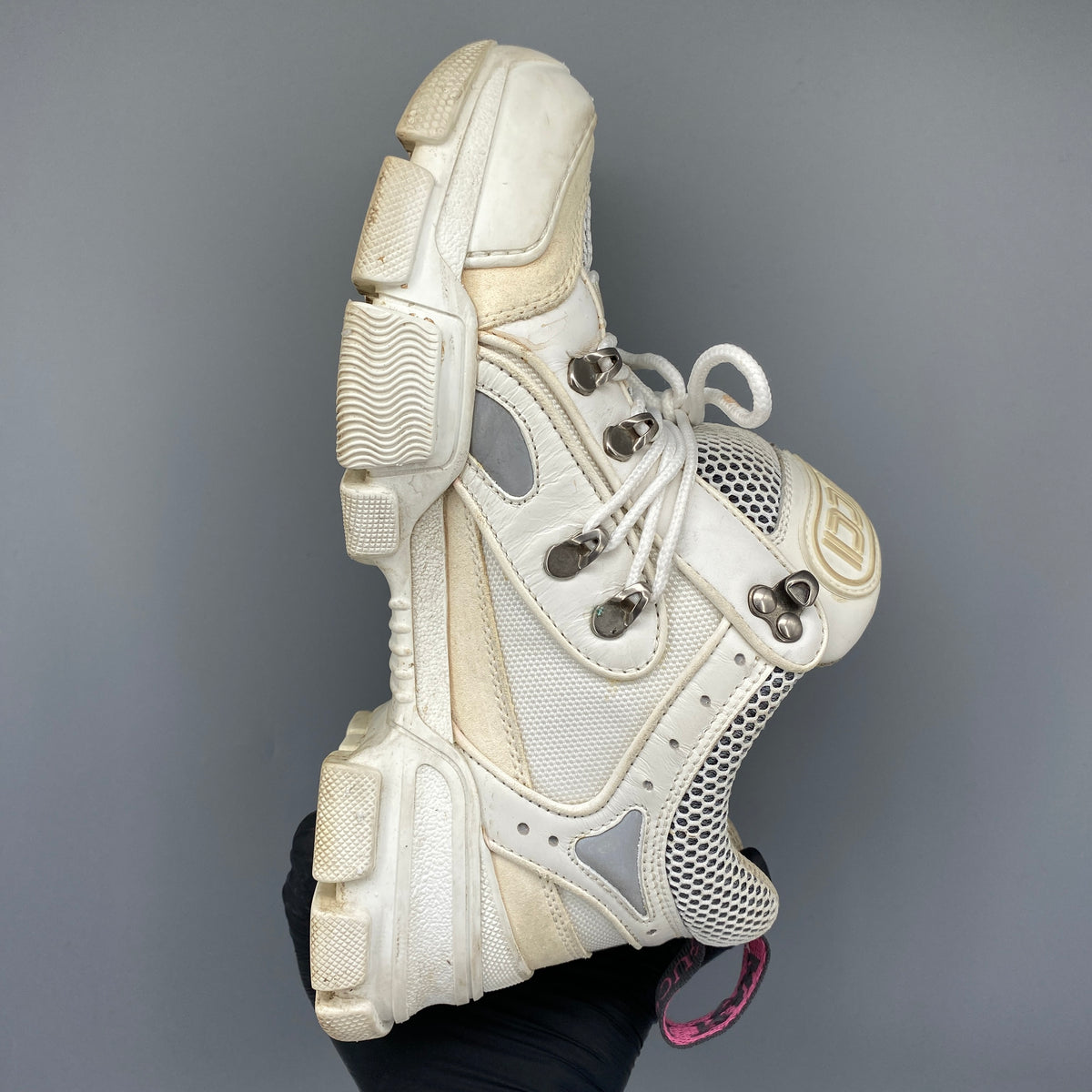 Gucci Women‘s Cream Leather Mesh Lace Up Sneaker Shoes Size 38
