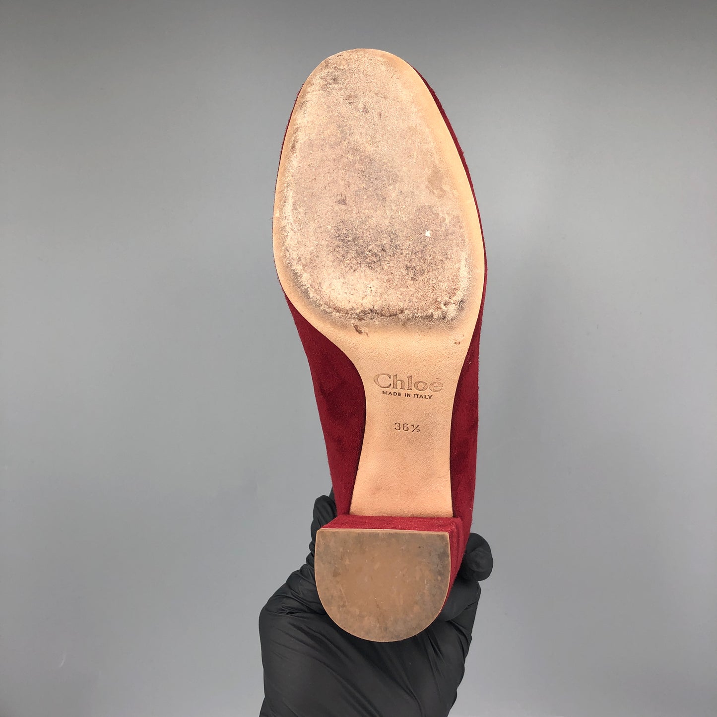 Chloe omen's Scalloped Suede Block Heel Pumps Red Size 36.5