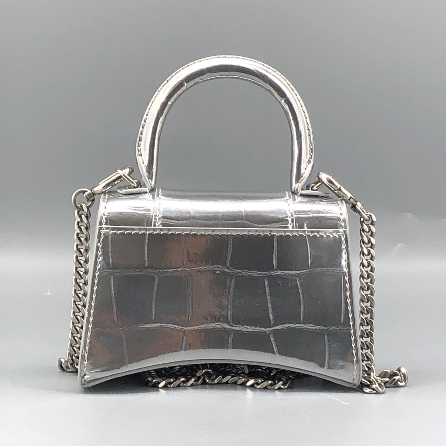 Balenciaga Silver Croc Embossed micro Hourglass Top Handle Bag