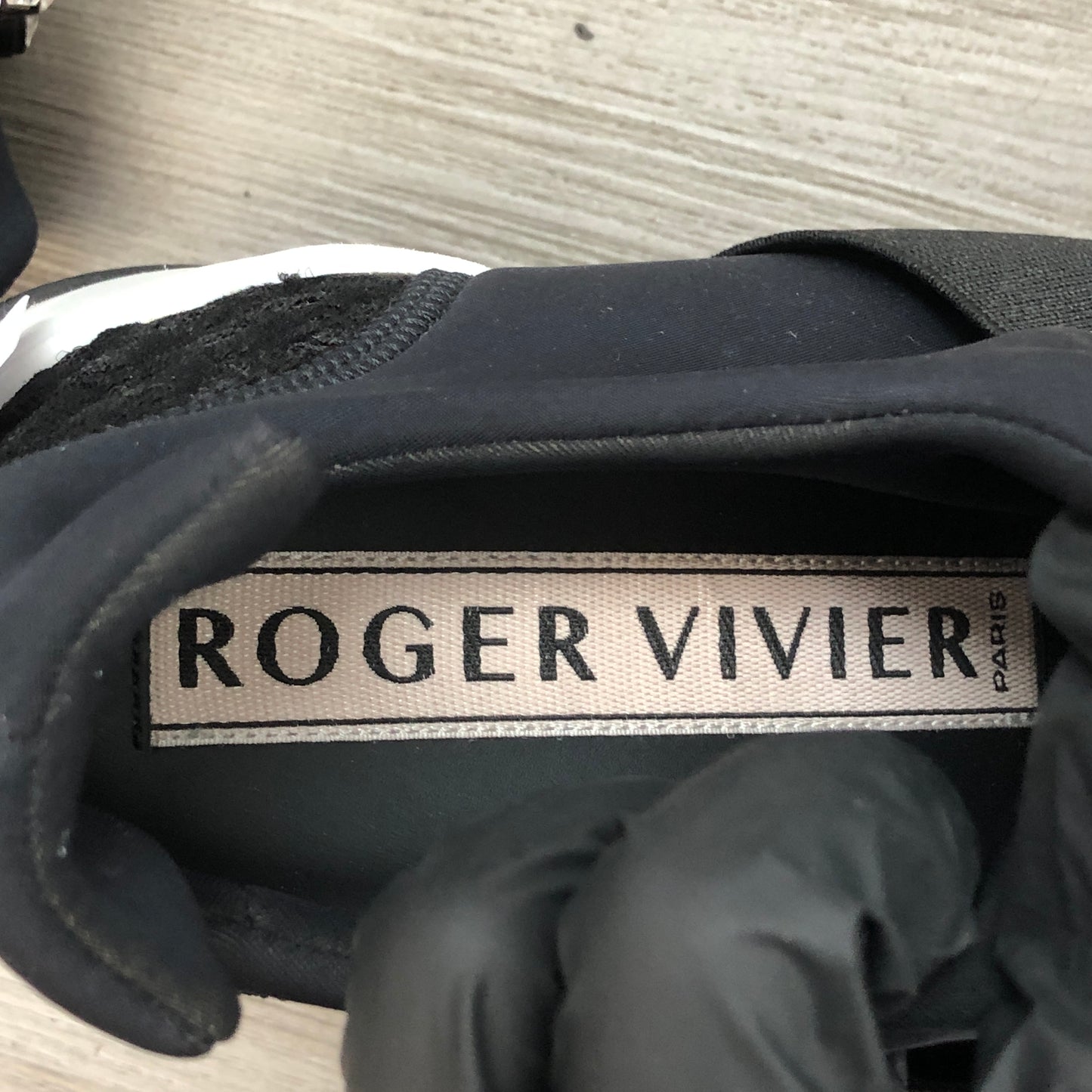 Roger Vivier Women's Mesh Fabric Crystal Buckle Slip-On Sneaker Mule Shoes 36 Black White Two-Tone