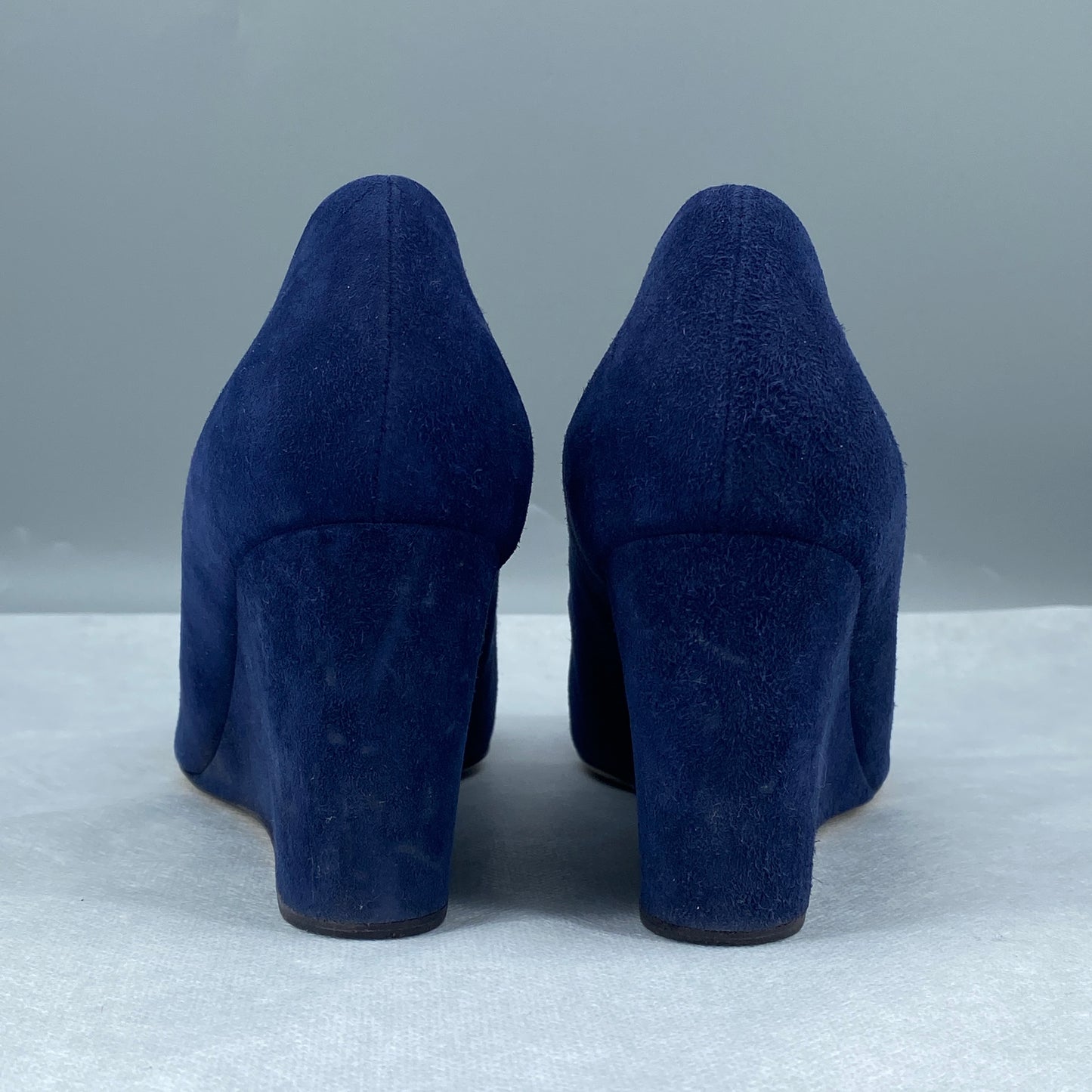 Ferragamo Women’s Deep Blue Suede Patent Toe Wedge Heels Shoes