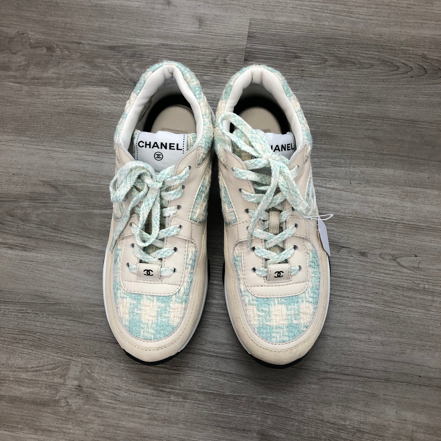 Chanel Women's Quilted Tweed CC Logo Low Top Sneakers 36.5 White Light Blue Two-Tone