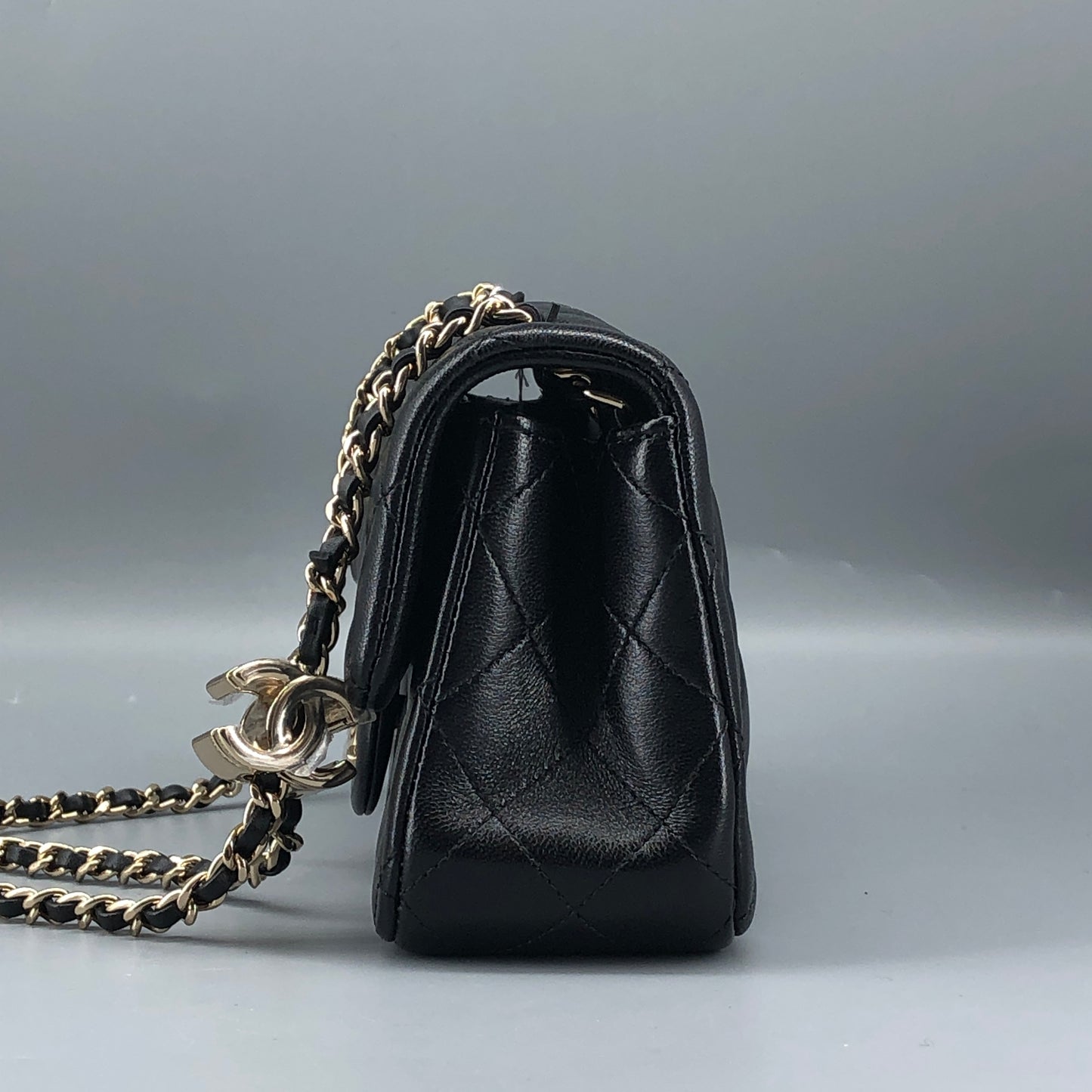 Chanel lambskin quilted mini rectangular flap bag in black with CC logo chain