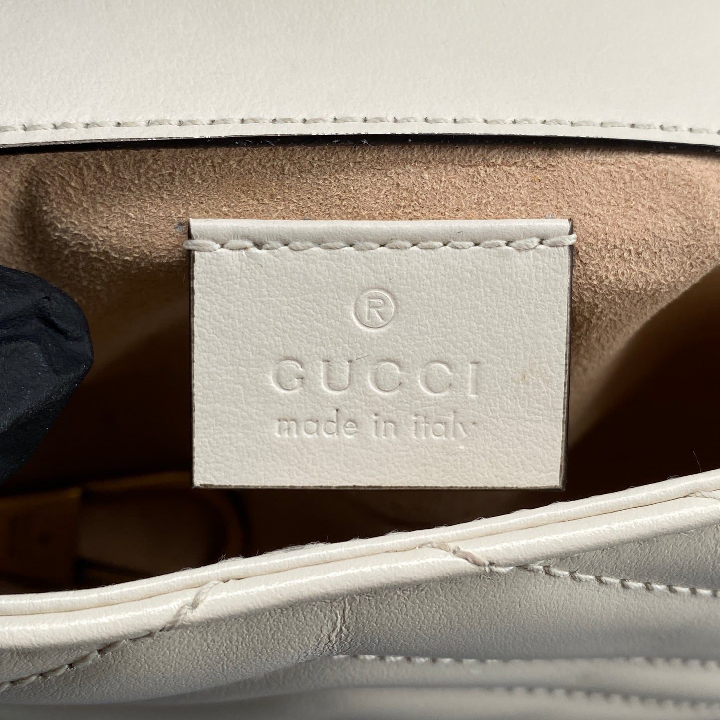 Gucci Cream GG Supreme Chevron Quilted Leather Marmont Mini Flap Chain Bag