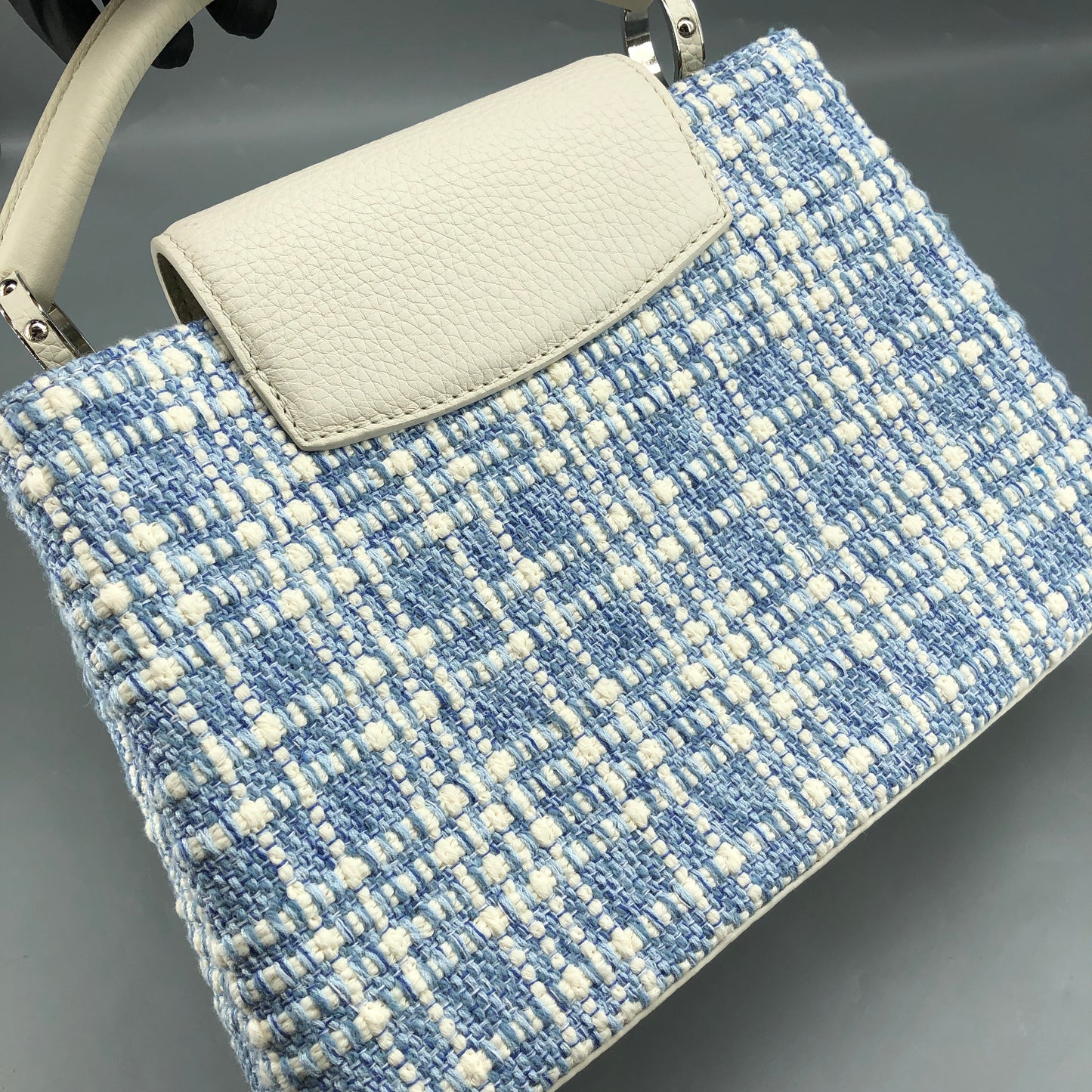 Louis Vuitton Limited Edition Capucines BB Handbag  White & Blue Tweed