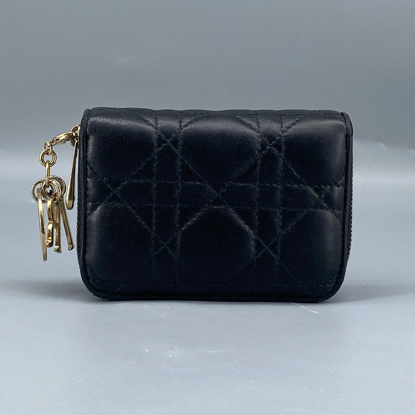 Christian Dior Black Cannage Quilted Zip‑Around Card Wallet