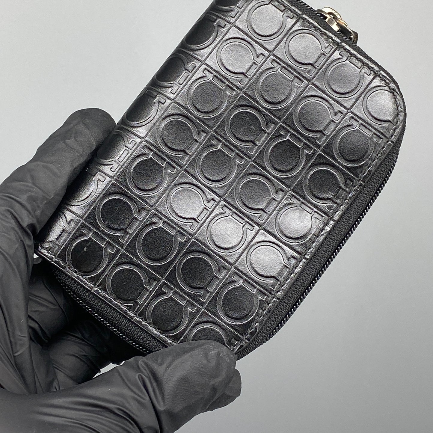 Ferragamo Black Embossed Gancini Full-Zip Mini Coin Purse