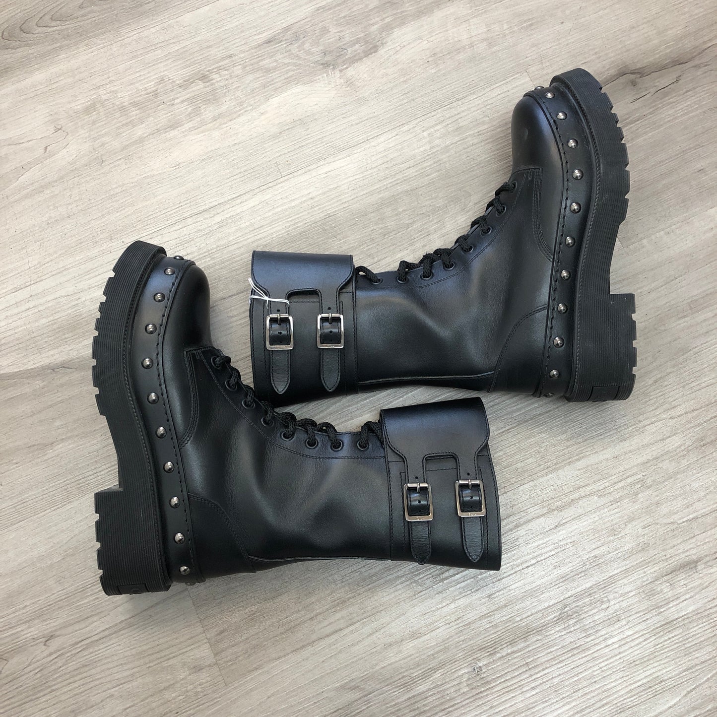 Christian Dior Black Smooth Calfskin Platform Combat Mid Calf Boots 36.5